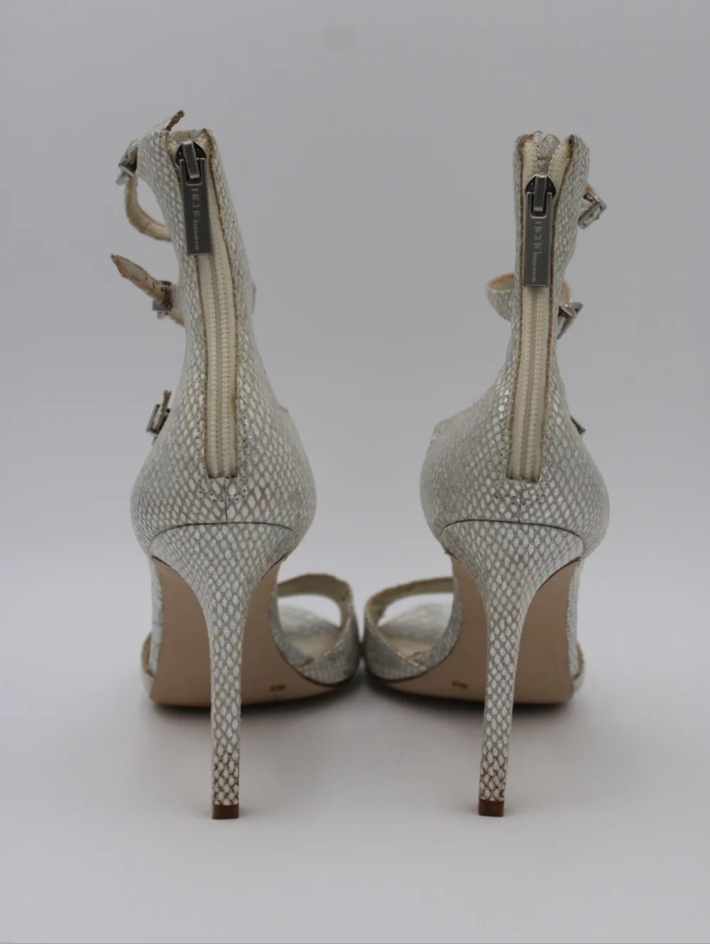 BCBGeneration Snakeskin Strappy Heels Silver Cream Size 9